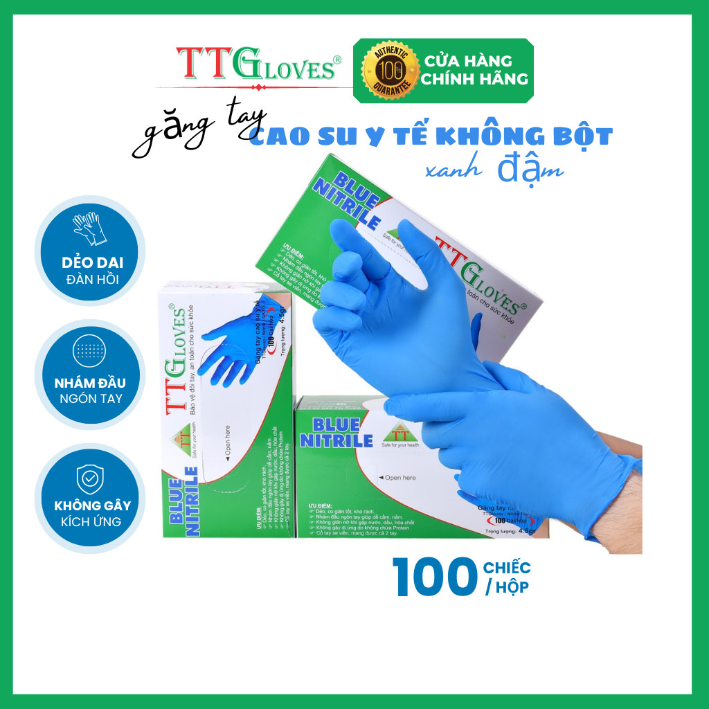 Găng Tay Y Tế, Găng Tay Cao Su Y Tế Không Bột Nitrile TTGLOVES cao cấp Màu Xanh 4.5g 100 Chiếc (SIZE M)