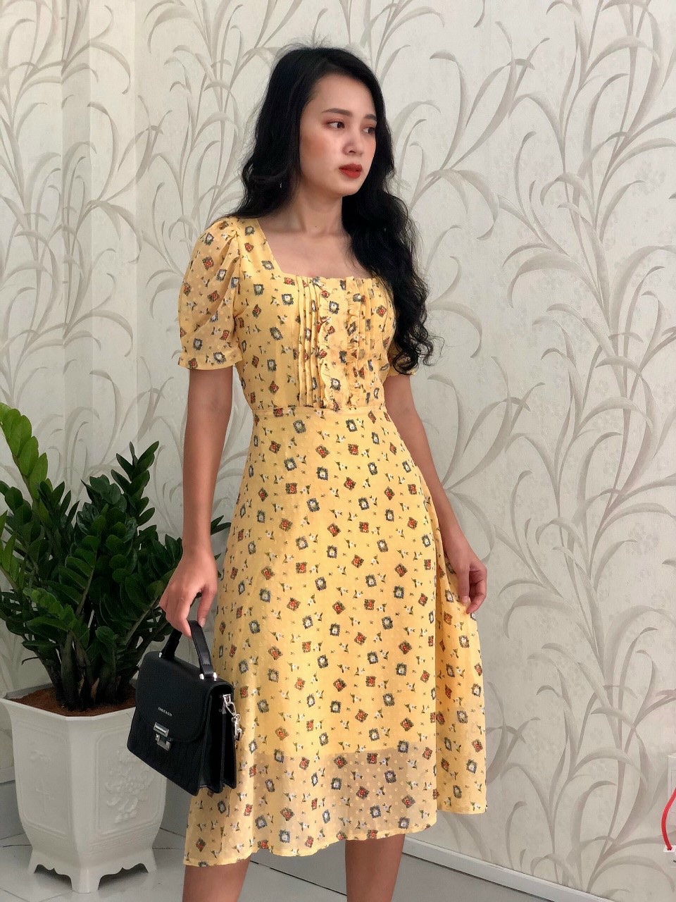 Đầm form dài voan hoa xếp ly ngực tôn dáng sang trọng S&amp;M GR196 - Hình thật shop tự chụp