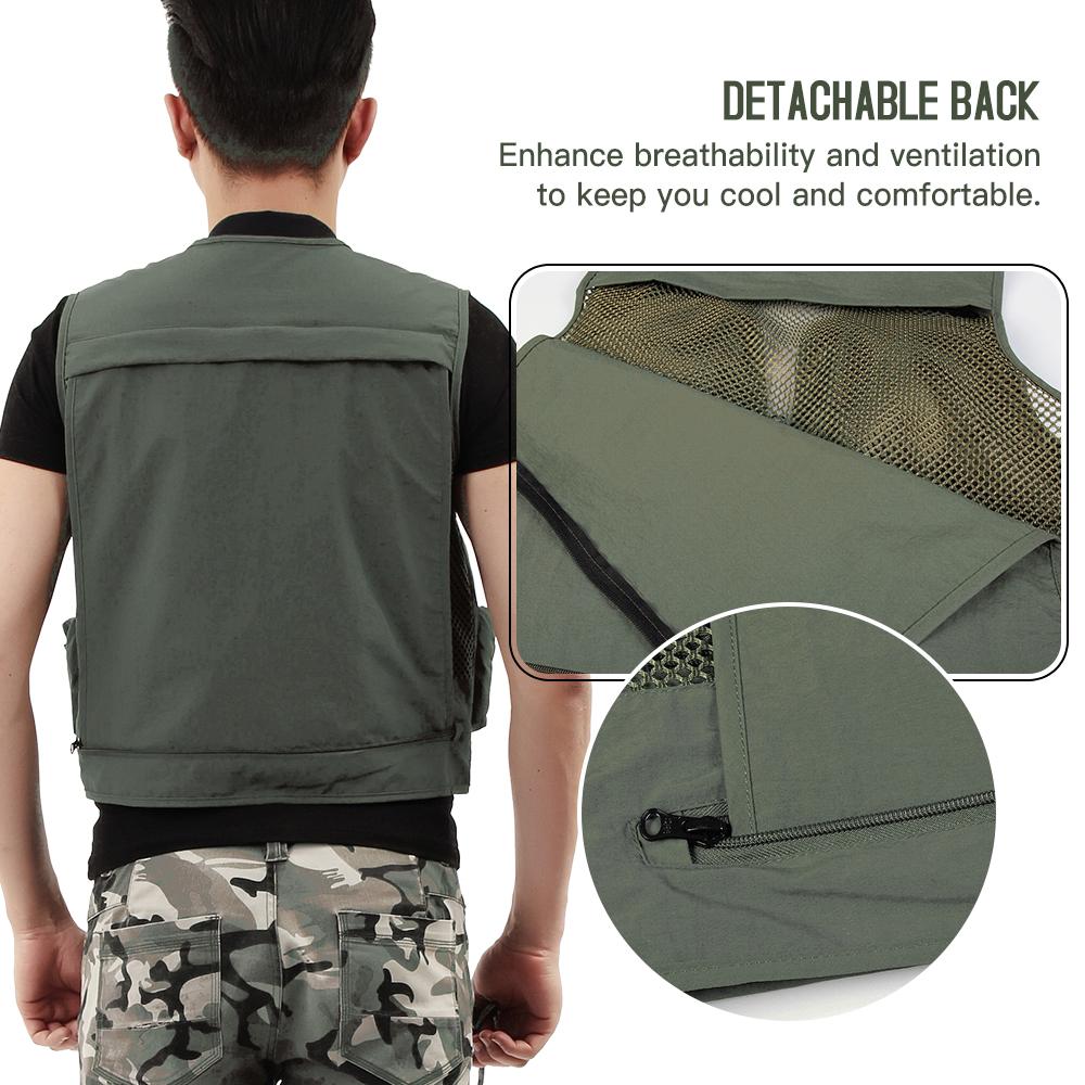 B16 Men Fishing Jacket with Detachable Back Quick Drying Multi-Pocket Work Vest Outdoor Travel Photo Cargo Vest Jacket