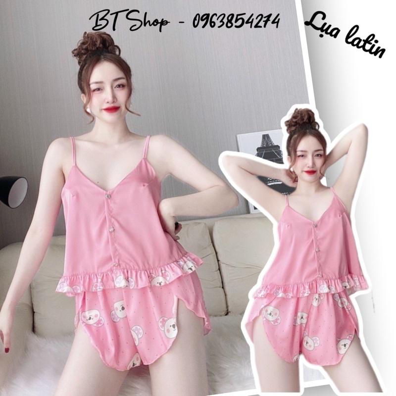 Đồ ngủ mặc nhà lụa latin hoạ tiết quần đùi freesize 42-57kg