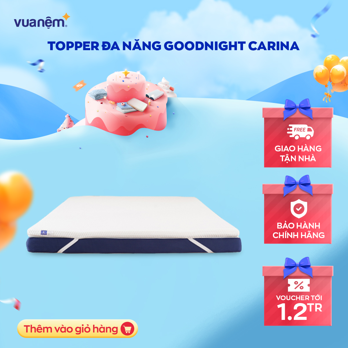 Nệm topper tiện nghi memory foam cao cấp Goodnight Carina siêu mát, bọc vải tản nhiệt 3 inch Ultra