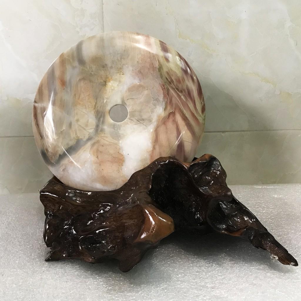 Đồng điếu ngọc, đồng điếu đá tự nhiên đường kính 15 cm-25 cm chân đế gỗ rừng cho mệnh Kim Mộc Thủy Hỏa Thổ