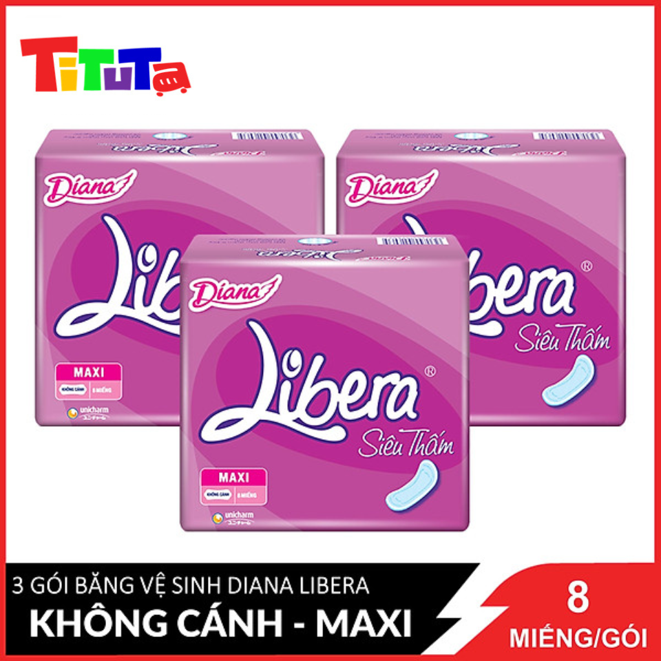 Combo 3 Băng Vệ Sinh Diana Libera Siêu Thấm Maxi Không Cánh 23cm 8 Miếng / Gói x3