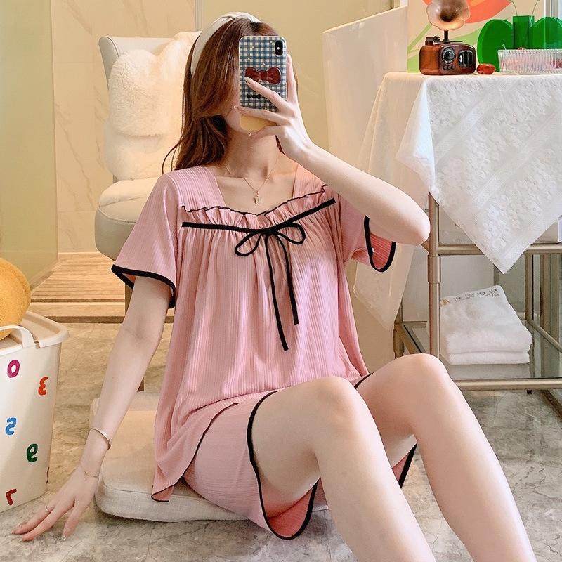 Đồ Bộ Nữ - Đồ Mặc Nhà Vải Thun Tay Cộc Quần Cộc Màu Trơn Phối Nơ Dễ Thương CCTT11