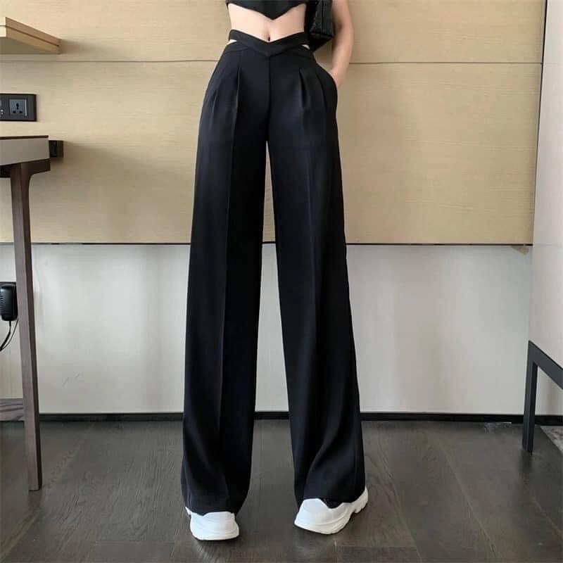 Quần suông ống rộng khuyết eo tôn dáng màu xanh và đen dành cho nữ - Baelyn