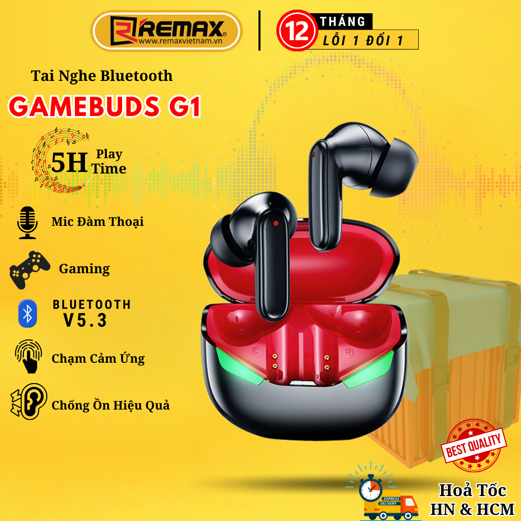 Tai nghe bluetooth gaming Remax GameBuds G1 âm thanh hifi sống động, cảm ứng bằng vân tay, chơi game độ trễ cực thấp - Hàng Chính Hãng Remax