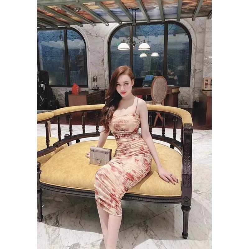 Đầm body 2 dây hoạ tiết bông cực sexy kèm hình thật