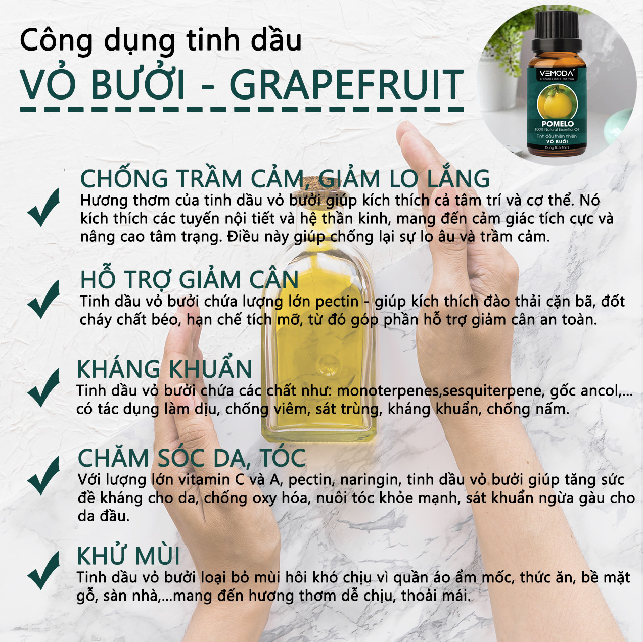 Tinh dầu xông phòng gồm 3 lọ tinh dầu nguyên chất cao cấp Vemoda: tinh dầu Vỏ bưởi MG (Ấn) + tinh dầu Bạc hà (Ấn) + tinh dầu Sả chanh (Ấn)