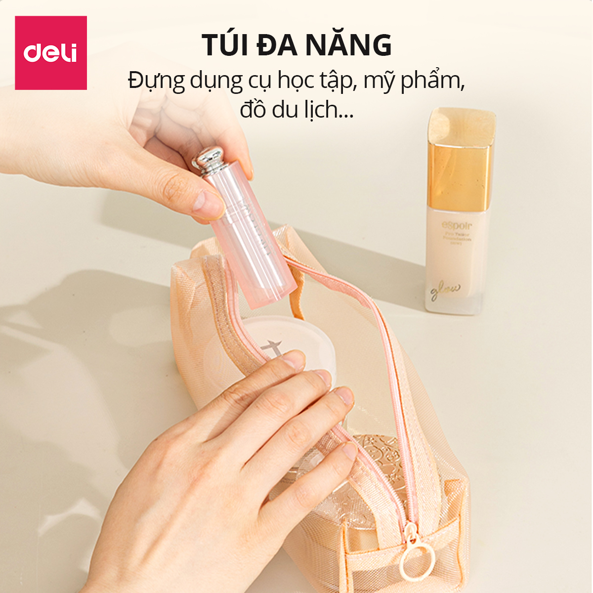 Túi Bút Đa Năng Bóp Viết Lưới Trong Suốt Deli - Màu Pastel Nhẹ Nhàng Sức Chứa Lớn Túi Mỹ Phẩm Du Lịch Học Sinh Văn Phòng