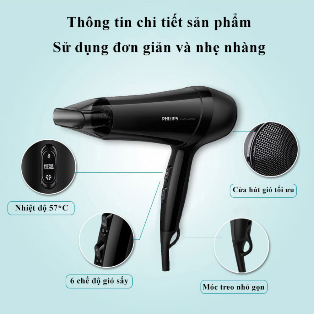 Máy sấy tóc Philips 2 chiều nóng lạnh BHC020 công suất lớn 1800W - Hàng nhập khẩu