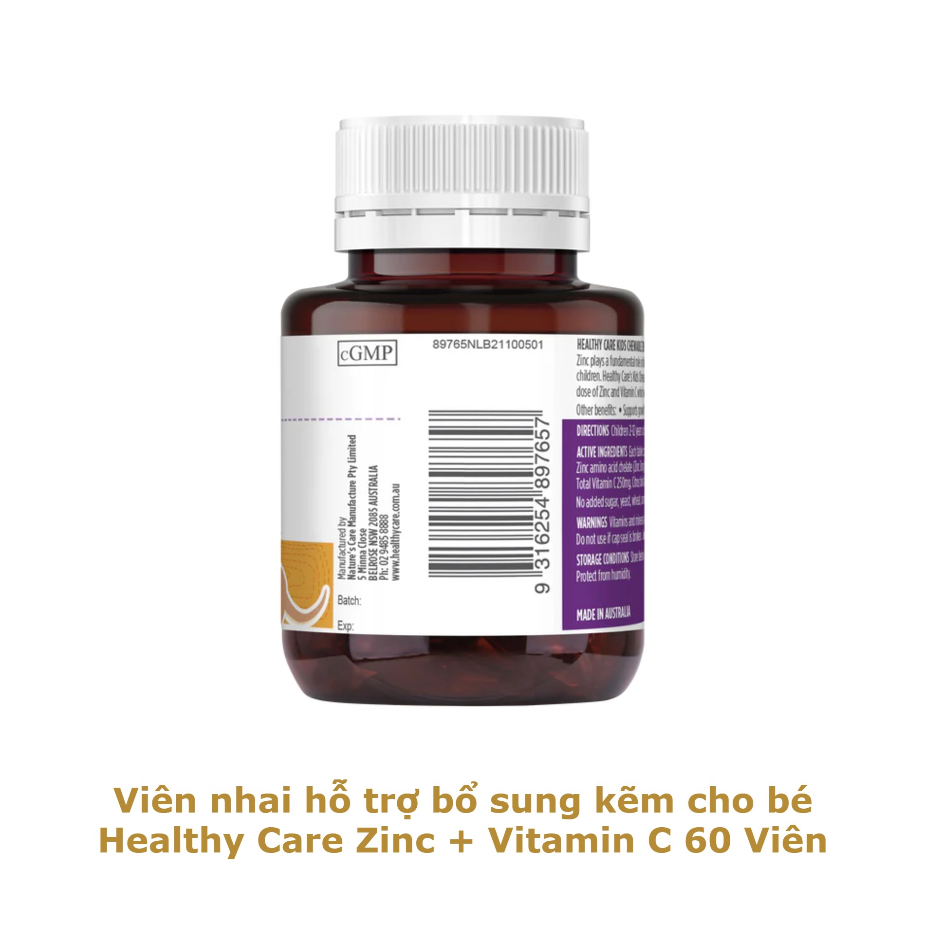 Viên nhai hỗ trợ bổ sung kẽm cho bé Healthy Care Zinc + Vitamin C 60 Viên
