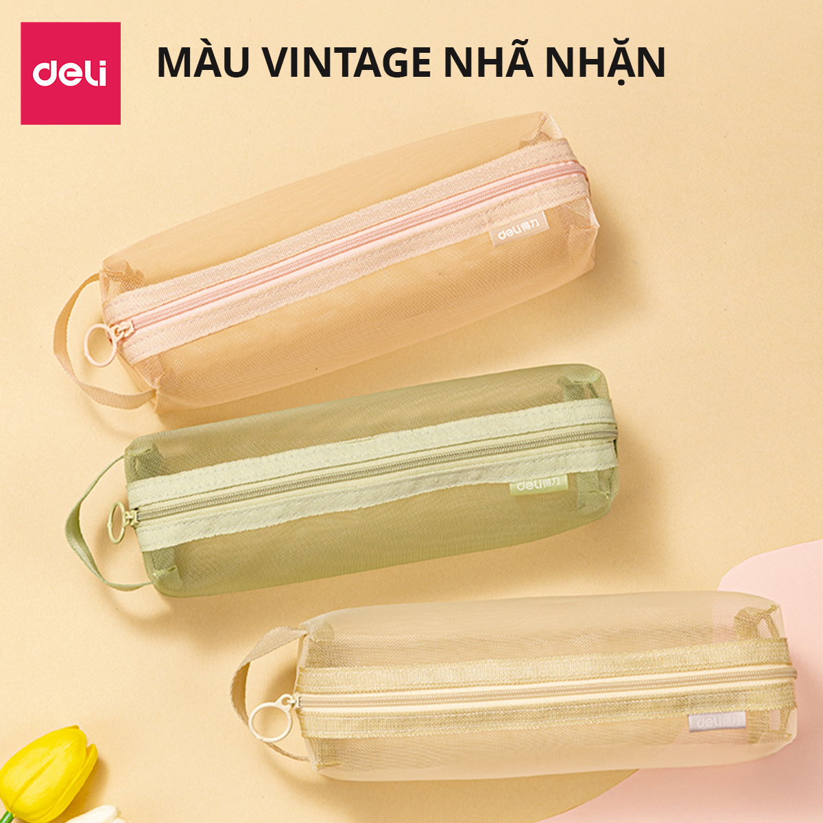 Túi Bút Đa Năng Bóp Viết Lưới Trong Suốt Deli - Màu Pastel Nhẹ Nhàng Sức Chứa Lớn Túi Mỹ Phẩm Du Lịch Học Sinh Văn Phòng