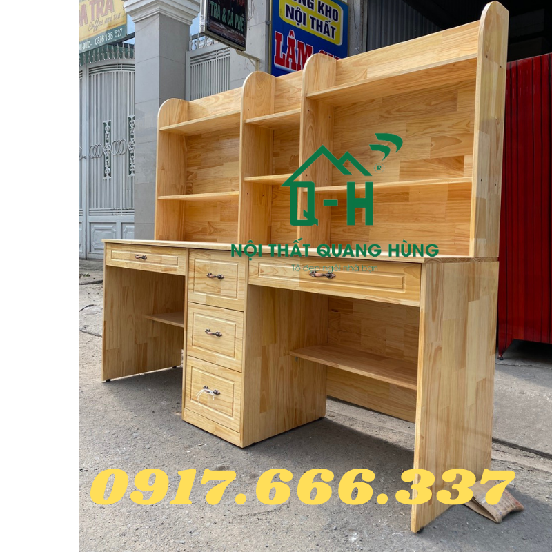 BÀN  HỌC SINH ĐÔI GỖ THÔNG MÀU VÀNG DÀNH CHO BÉ 1M95X1M7X70CM