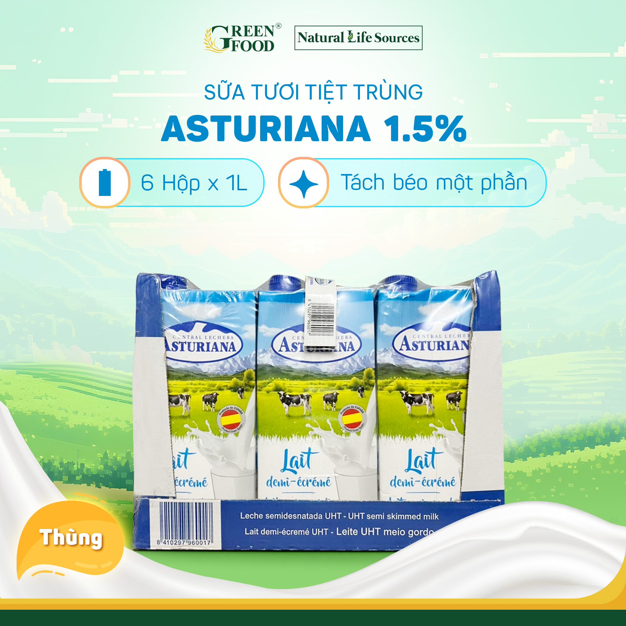 Thùng 6 hộp Sữa Tươi Tiệt Trùng ASTURIANA tách béo 1 phần 1L - Béo ít 1,5%, Không Đường Phù hợp Ăn Kiêng, Nhập khẩu từTây Ban Nha