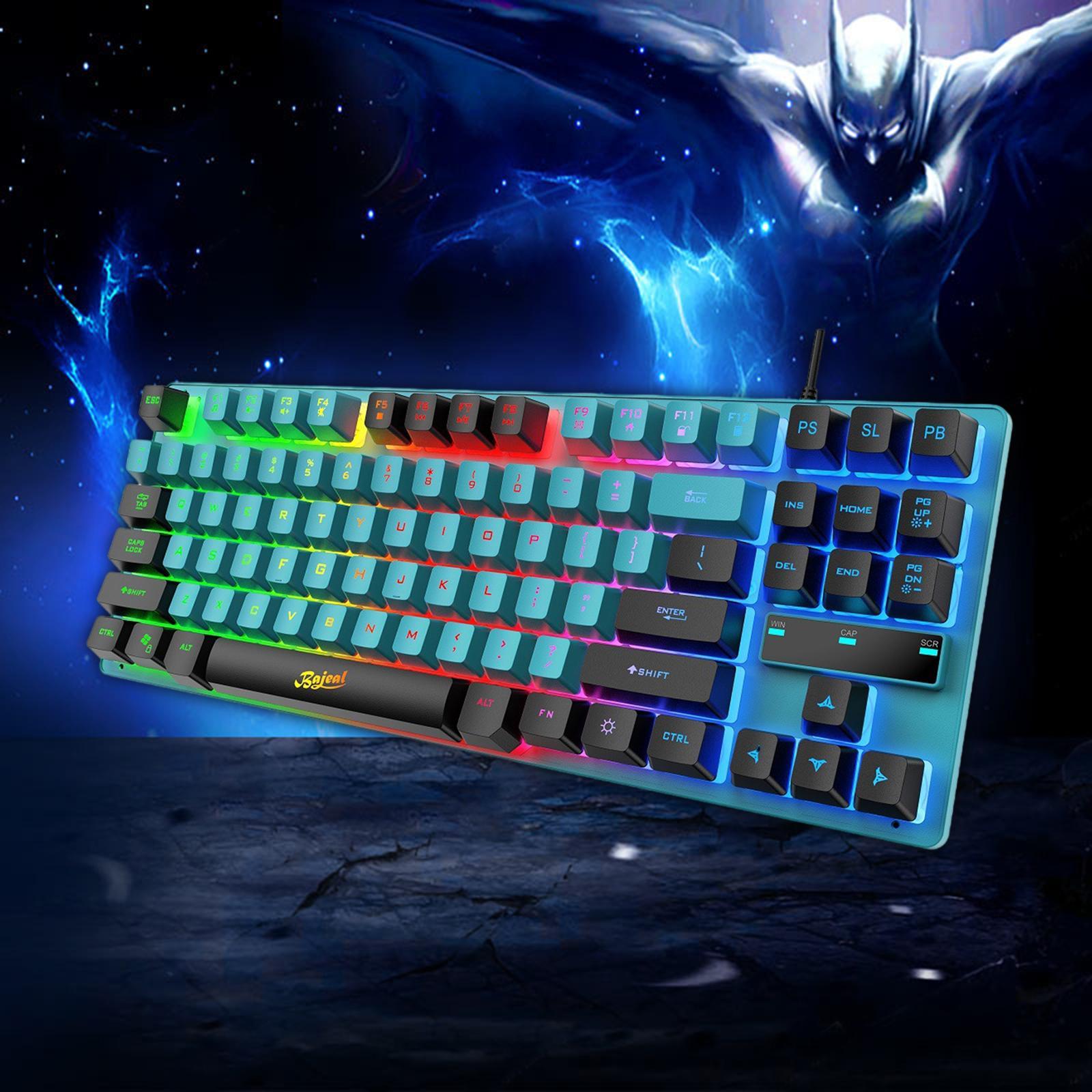 USB Gaming Keyboards 87 Keys Rainbow LED 3 Colors Backlit for PC Blue Black