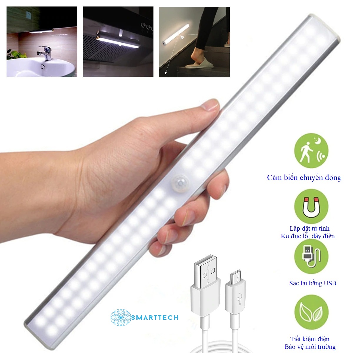 Đèn ngủ cảm ứng gắn giường, cầu thang, toilet, tủ đồ, tự động bật/tắt ánh sáng ban đêm, sạc bằng USB