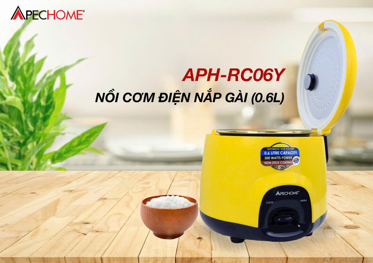 Nồi cơm điện Mini 0.6 lít Apechome APH-RC06Y màu vàng, phù hợp cho 1 đến 2 người ăn - Hàng chính hãng