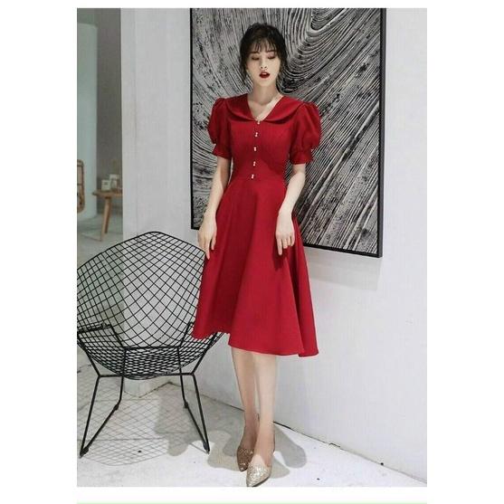 ĐẦM XOÈ CỔ SEN NÚT ĐÔI TAY PHỒNG