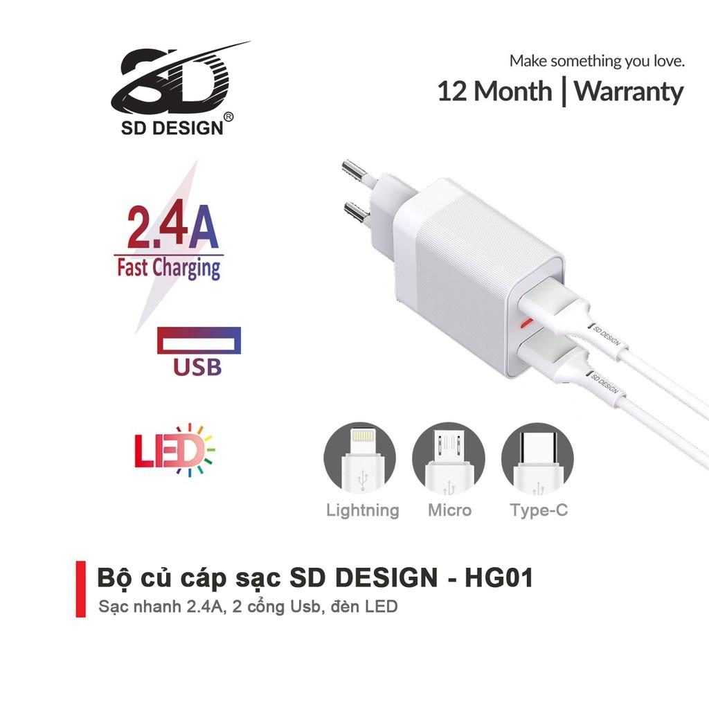 Bộ Củ+ cáp sạc SD DESIGN HG01 đầy đủ chân sạc ,TypeC,Micro cho mọi ĐT ip,ss,..