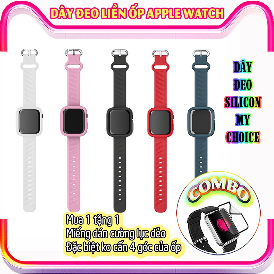 Dây Đeo liền ốp dành cho Apple Watch size 38/40/42/44mm silicon my choice - Đen (tặng dán KCL theo size)