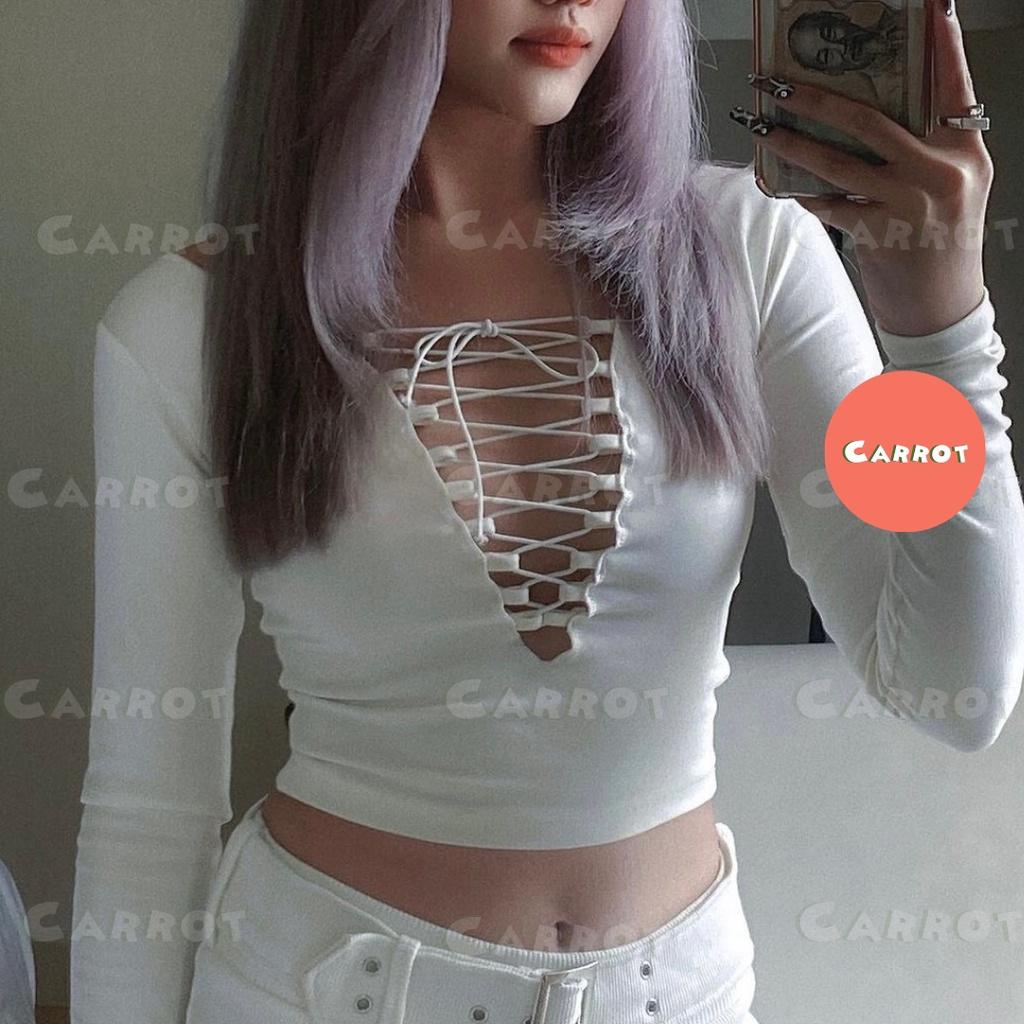 Áo croptop tay dài thiết kế dây chéo ôm ngực chân váy ngắn ôm body sexy thun cao cấp co giãn carroxinhdep