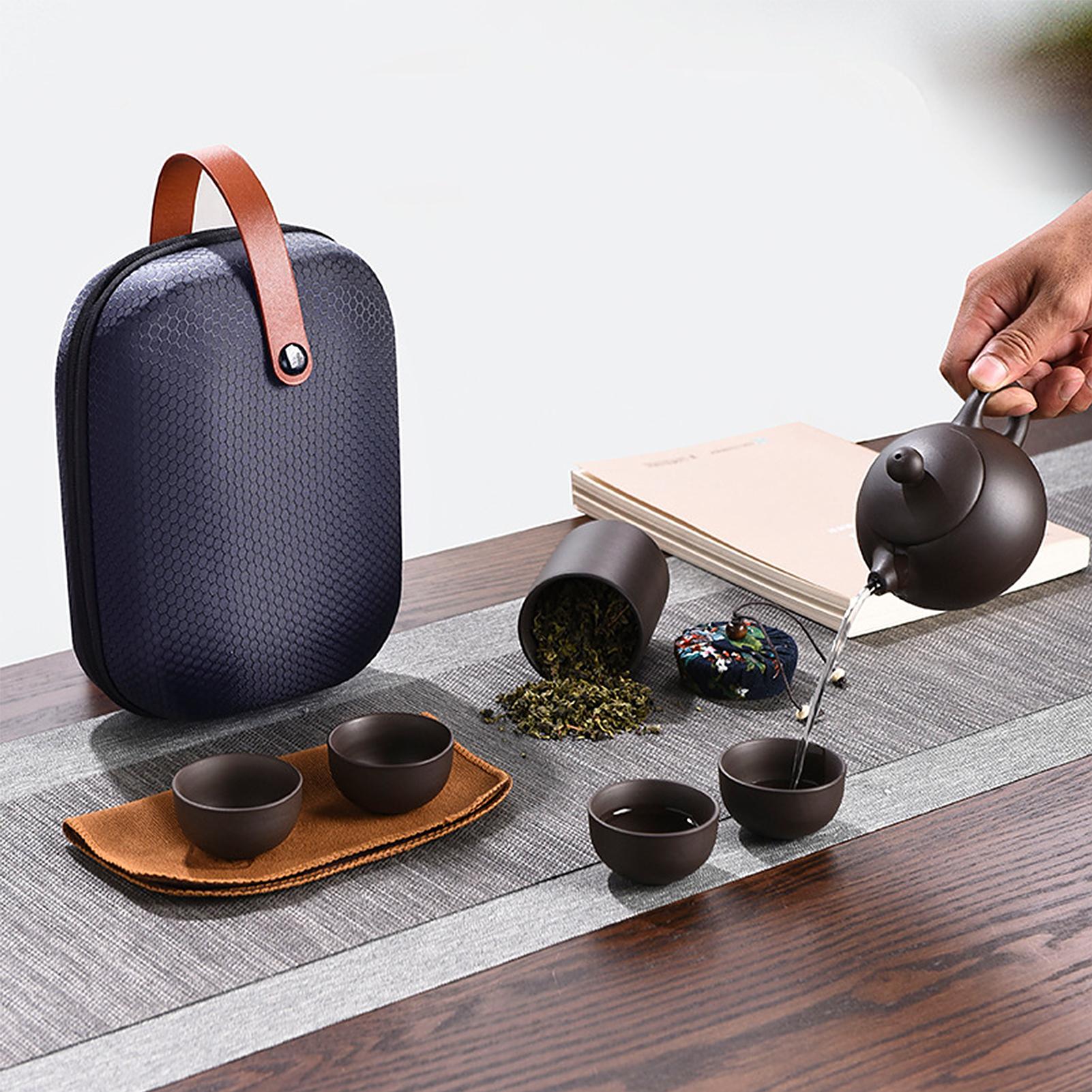 Ceramic Purple Sand Tea Set Portable Outdoor Travel Tea Pot and Cups Set with Towel Tea Canister and Carry Bag