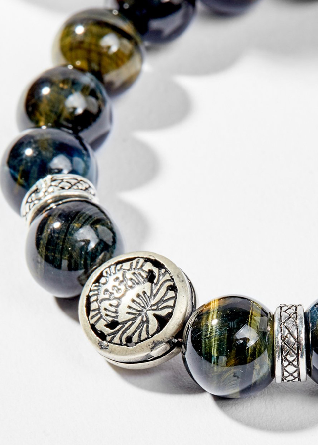 Vòng Tay Phong Thủy Nam Đá Mắt Hổ Xanh Đen Phối Charm Tỳ Hưu Bạc Mệnh Thủy, Mộc Ngọc Quý Gemstones