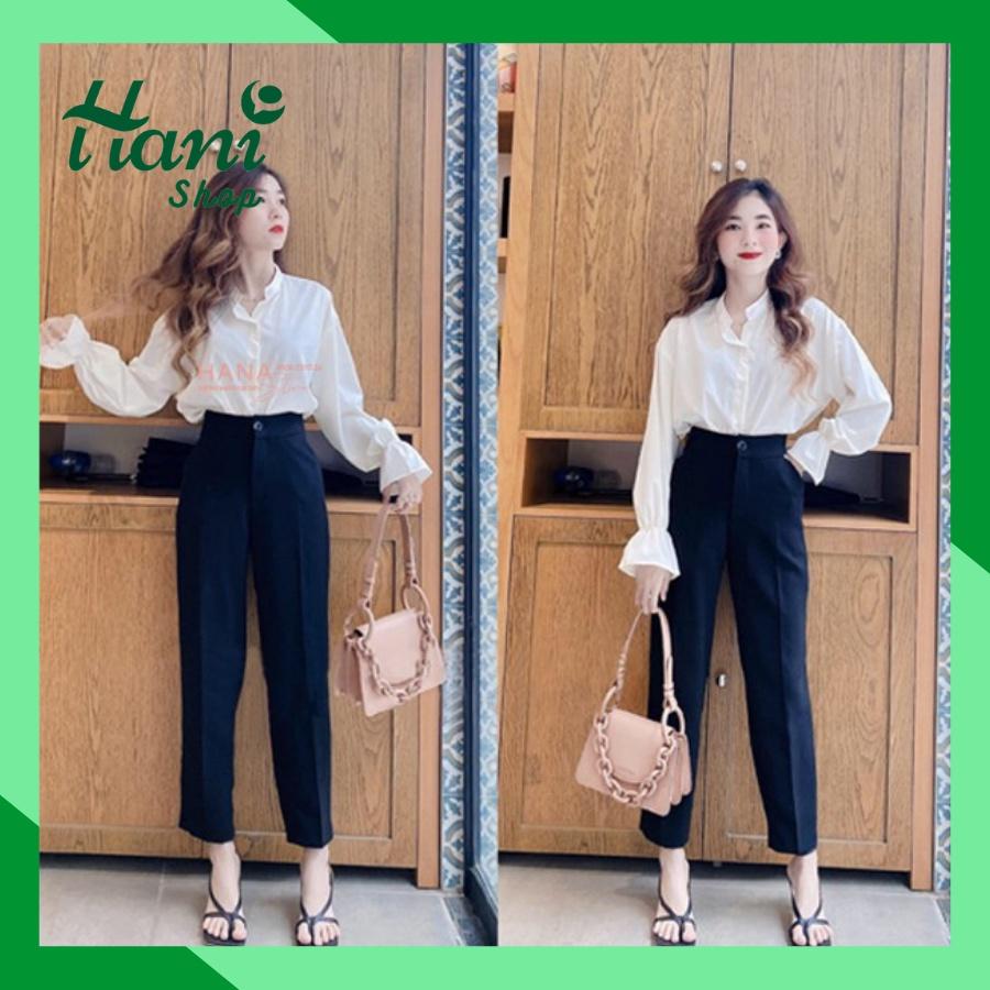 Quần baggy vải công sở cạp cao màu đen cho nữ, quầnbaggy tây nữ lưng cao 1 nút HN01