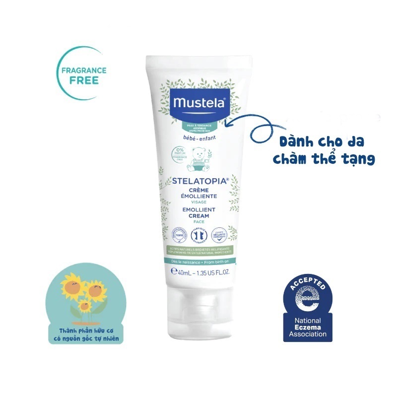 Combo gel tắm gội và kem dưỡng mặt cho be Mustela da chàm thể tạng STELATOPIA CLEANSING GEL 200ML và Emollient Face 40ml