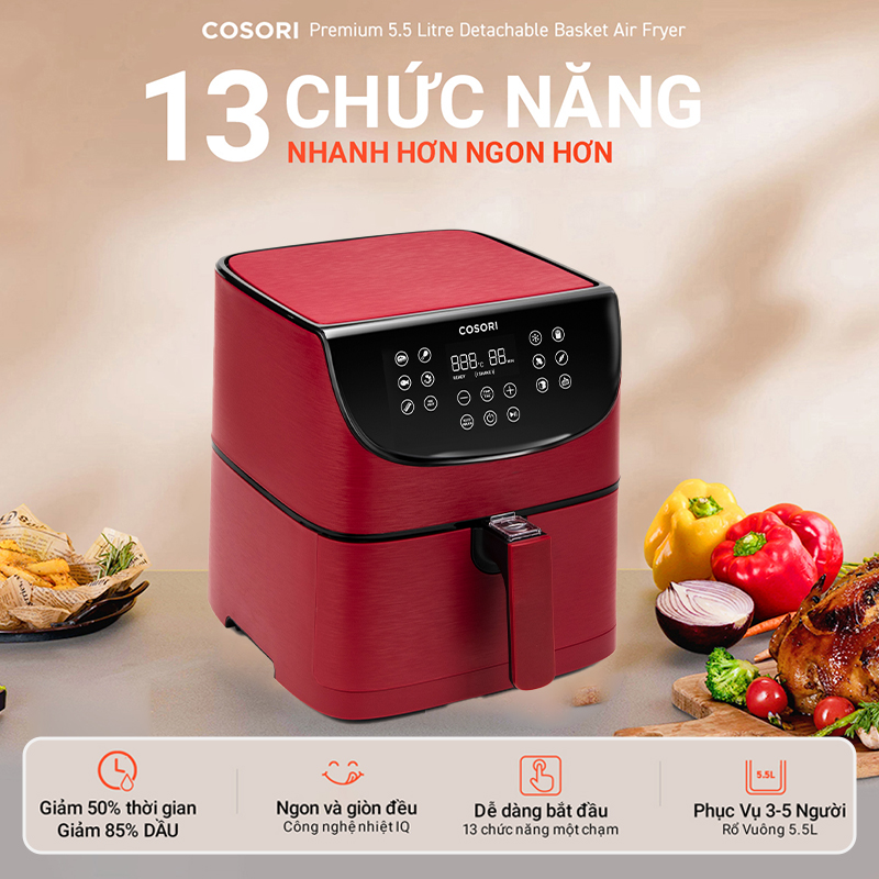 Nồi Chiên Không Dầu 5.5L COSORI CP158-AF Màu Đỏ - Hàng Chính Hãng