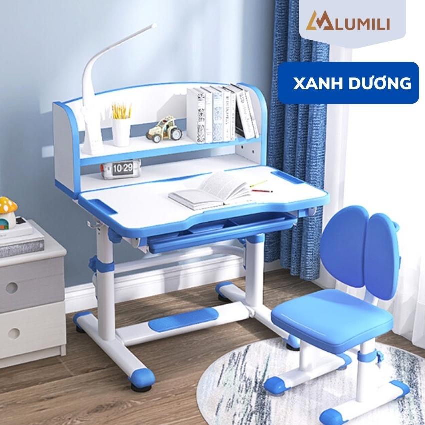 bàn học có giá sách cho bé Lumili R9 Premium chống gù chống cận, bàn học kèm kệ sách cho bé, phù hợp cho học sinh