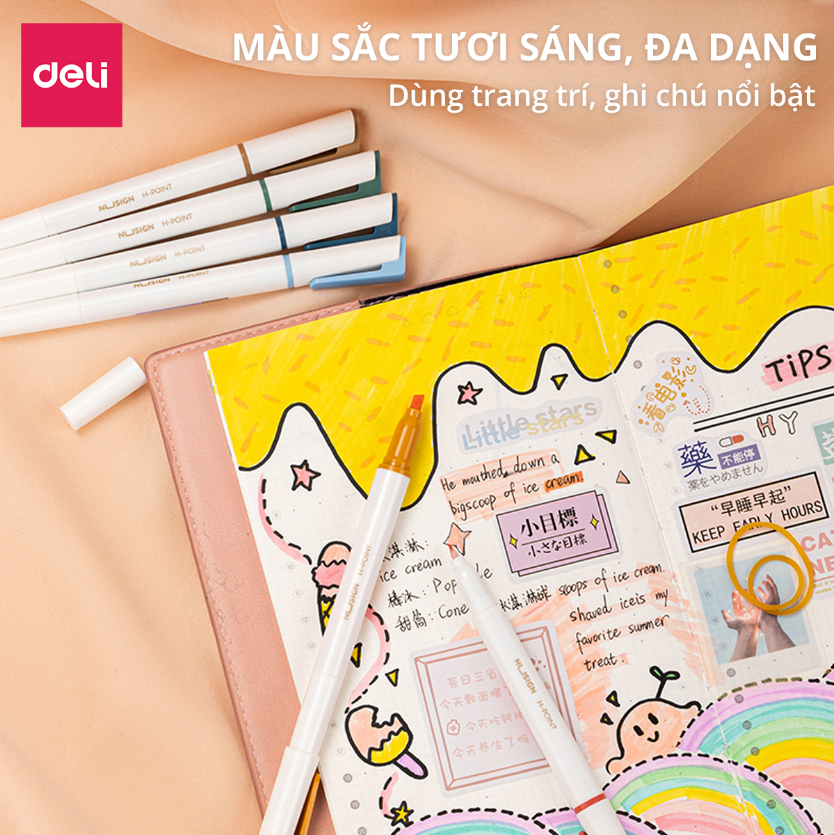 Set 6 bút highlight 2 đầu nhớ dòng đánh dấu màu pastel tươi sáng cute Nusign Deli dạ quang tiện lợi cho học sinh văn phòng