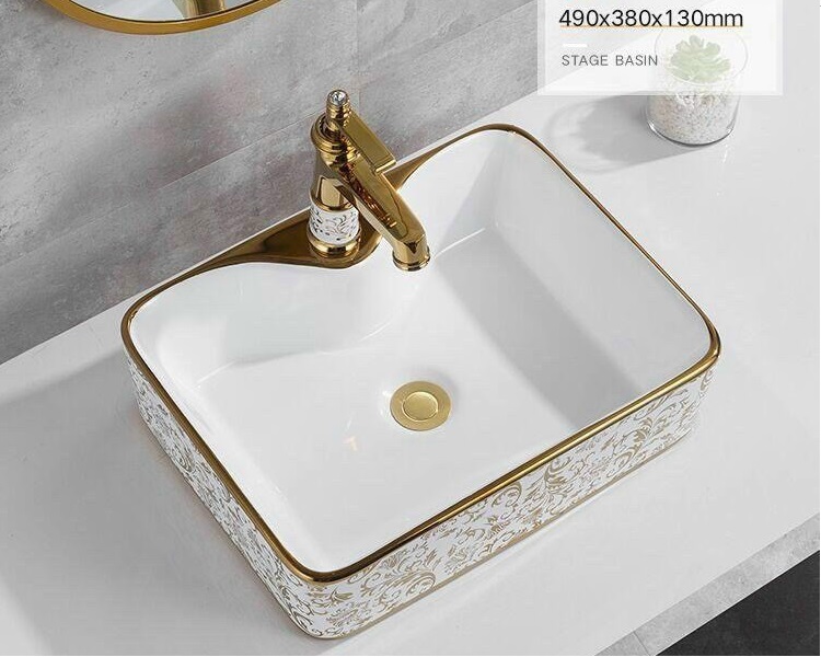 Chậu lavabo vuông đặt bàn hoa văn vàng EVE-L6016
