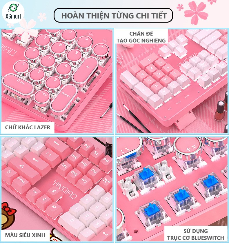 Bộ bàn phím CƠ và chuột XSmart full HỒNG siêu xinh cao cấp có đèn LED nhiều chế độ cho máy tính laptop pc T900 CROM+X500 - Hàng Chính Hãng