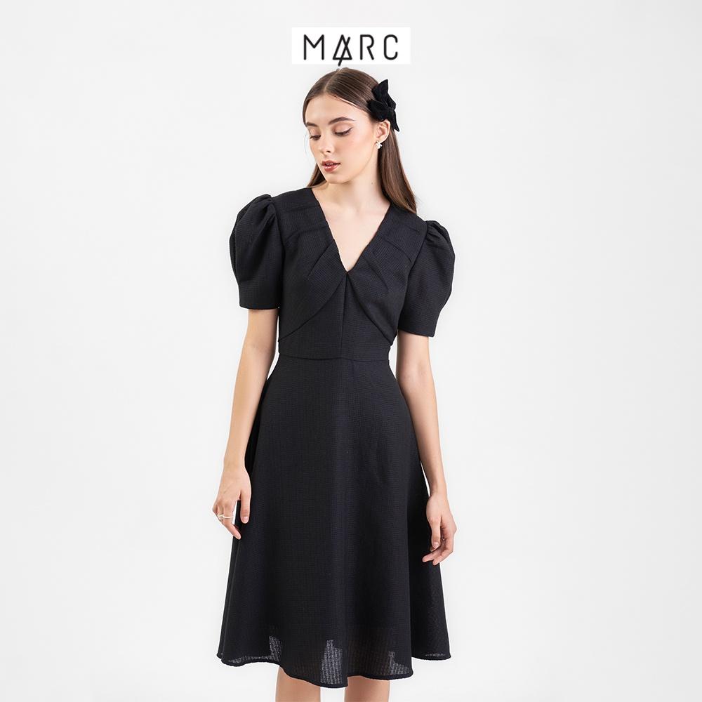Đầm midi nữ MARC FASHION tay phồng cổ tim dằn li CBSH110622