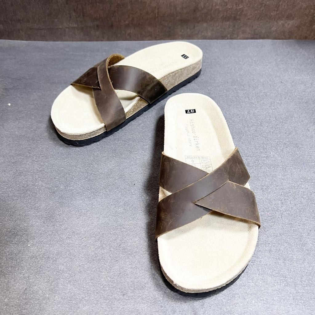 Dép đế trấu birken da bó sáp nam nữ unisex quai ngang chéo bigsize 35 - 43 chính hãng Hishoo S107