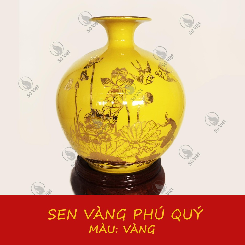 Bình hút lộc, Lọ hoa hút lộc Sen Vàng Phú Quý gốm sứ Không Gian Gốm Bát Tràng hút tài lộc phong thuỷ vẽ bằng vàng 24K (tặng kèm đế)