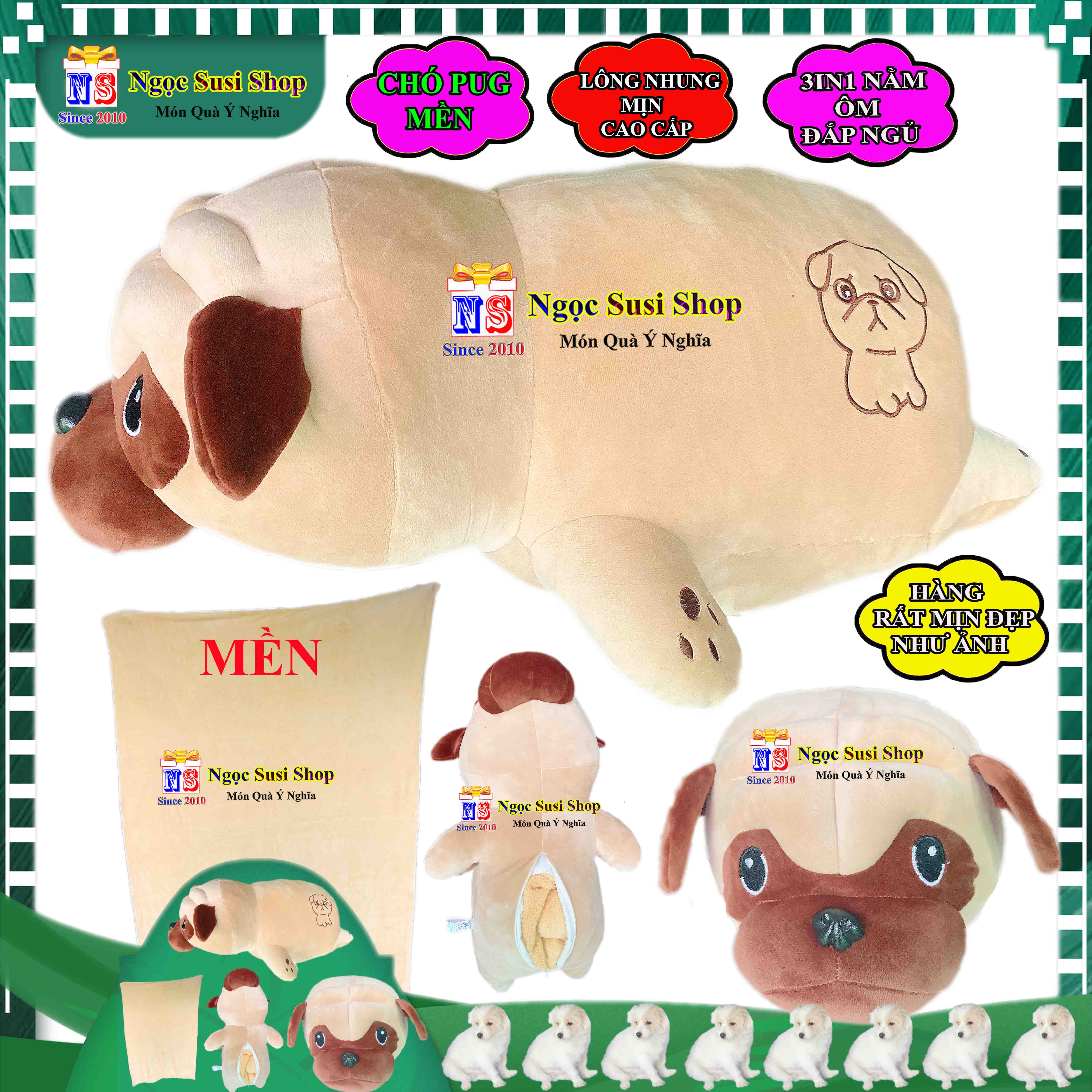 GẤU MỀN 3IN1 CON CHÓ PUG DÙNG ÔM ĐẮP MỀN NGỦ SIÊU TIỆN LỢI - THÚ BÔNG CHÓ PUG MỀN 3IN1