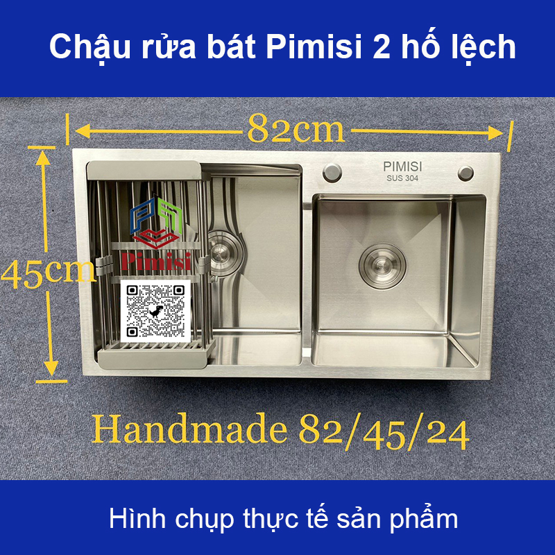 Chậu rửa chén bát inox 304 Pimisi đúc 2 hốc lệch, kích thước bồn rửa bát 78 x 43 - 82 x 45 cm làm từ thép không gỉ sus 304 đầy đủ xi phông loại to và kèm rổ đựng đồ dùng để rửa chén bát gắn được cả âm - dương bàn đá bếp | Hàng chính hãng