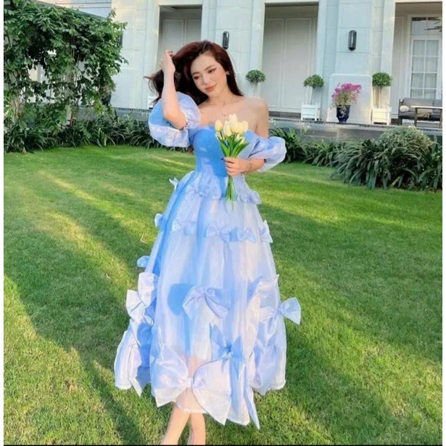 Đầm maxi tơ lụa tay phồng nhiều nơ siêu hot
