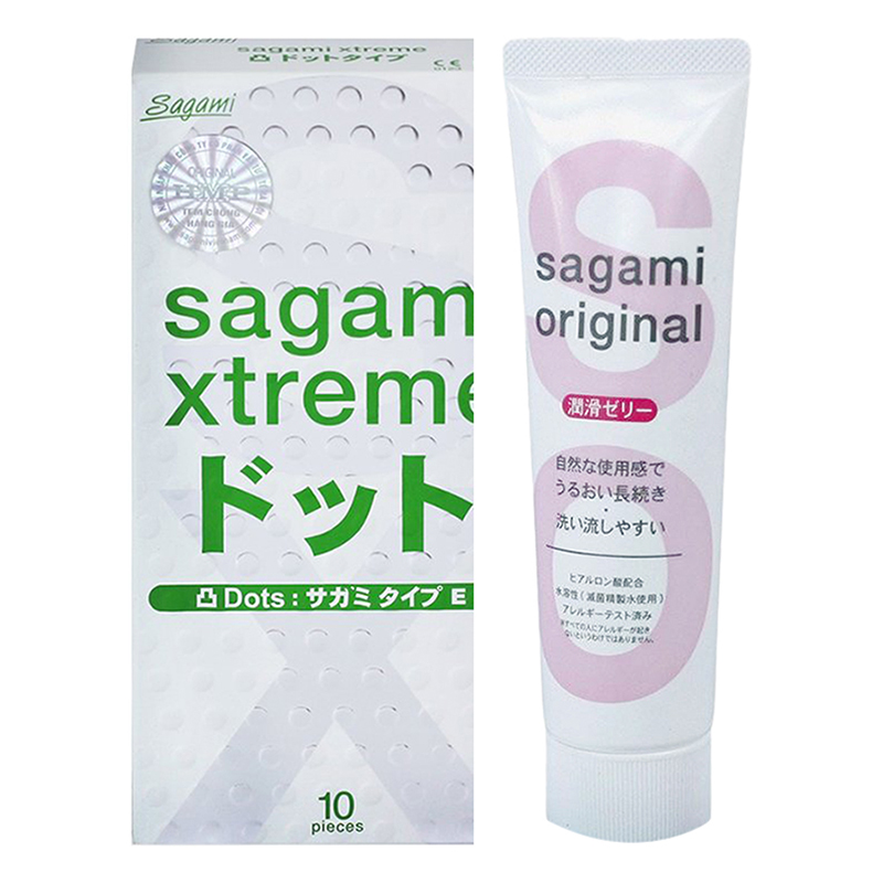Bộ Bao Cao Su Có Gân Và Gai Siêu Mỏng Sagami Extreme White (10 Bao) Và Gel Bôi Trơn Cao Cấp Sagami (60g)