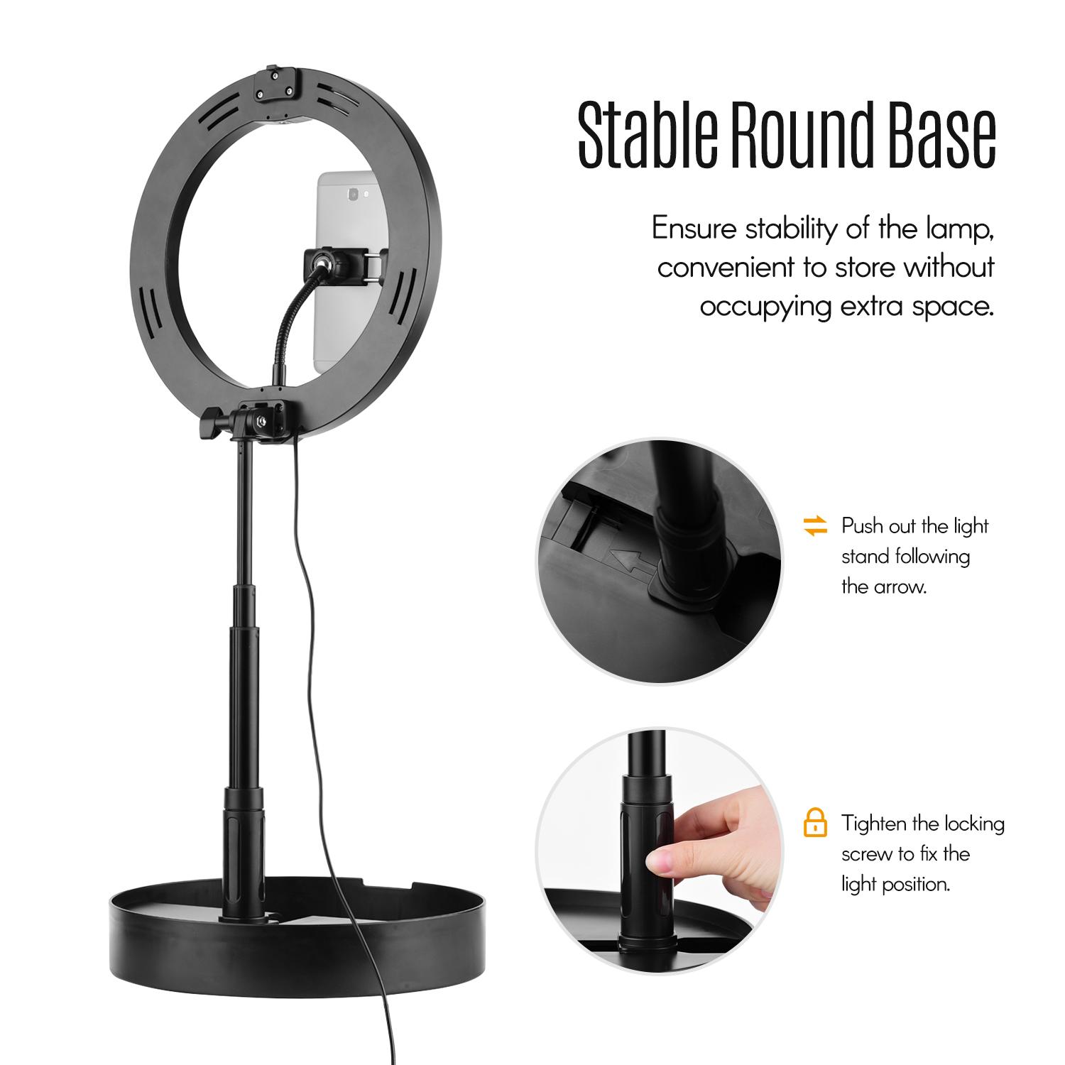 Đèn LED Ring Light 10 inch di động với giá đỡ điện thoại di động Có thể điều chỉnh ánh sáng và đế hình đĩa