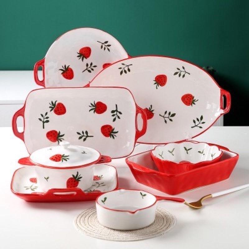 Bộ bát đĩa dâu Tây, bộ sứ dâu Tây cao cấp, vẽ dưới men thủ công, dùng được cho lò nướng