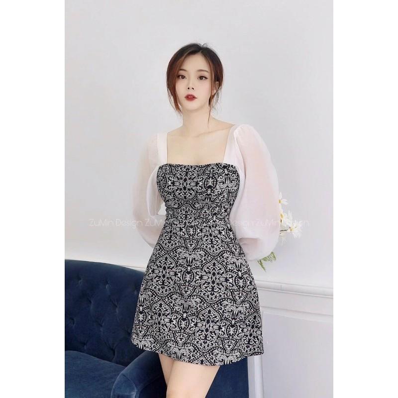 Đầm xoè hoạ tiết phối tay voan có mút ngưc phong cách tiểu thư sang chảnh