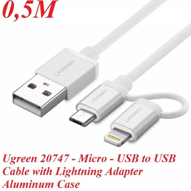 Ugreen UG20747US165TK 0.5M màu Trắng Cáp sạc đa năng USB sang MicroUSB + Lightning - HÀNG CHÍNH HÃNG