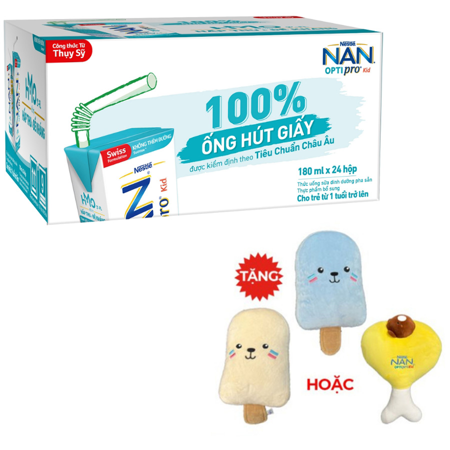 Thùng 24 Hộp Sữa Dinh Dưỡng Pha Sẵn NESTLE NAN OPTIPRO Kid 180ml/Hộp - Tặng Gối Ôm Ngẫu Nghiên