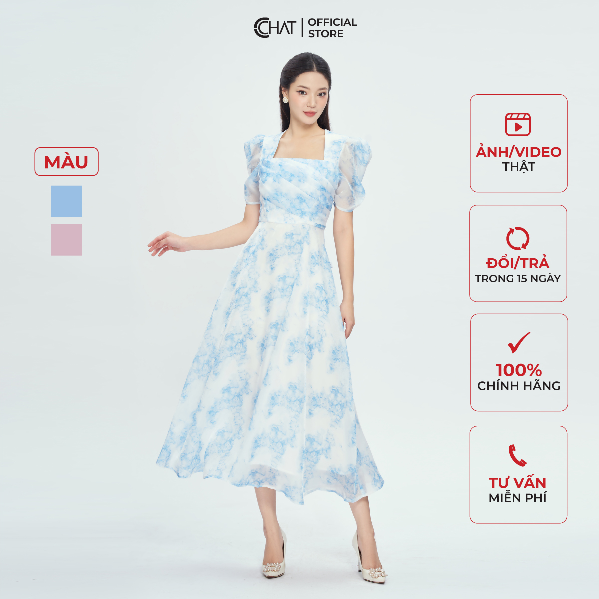 Đầm Nữ Họa Tiết Dáng Xòe Xếp Ly Ngực Chất Voan Cao Cấp Thanh Lịch 13VNV5009XT