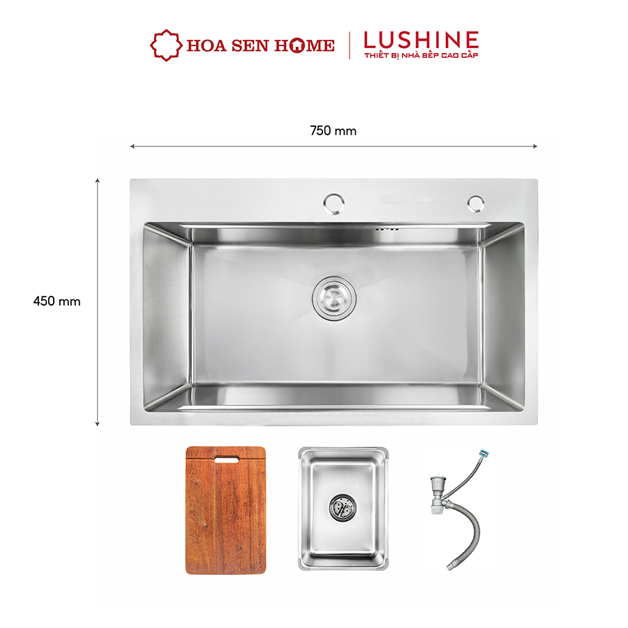 Bộ chậu rửa chén INOX 304 LUSHINE D004 công nghệ tạo hình thủ công, bề mặt mài xước láng mịn, chống xước bền bỉ - Hoa Sen Home - Hàng chính hãng