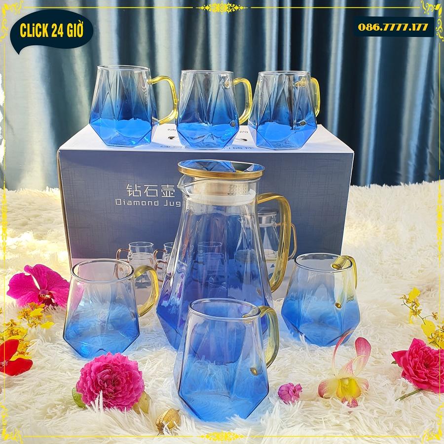 Bộ 1 Bình Và 6 Cốc Thủy Tinh Chịu Nhiệt Diamond Jugs - Màu Xanh