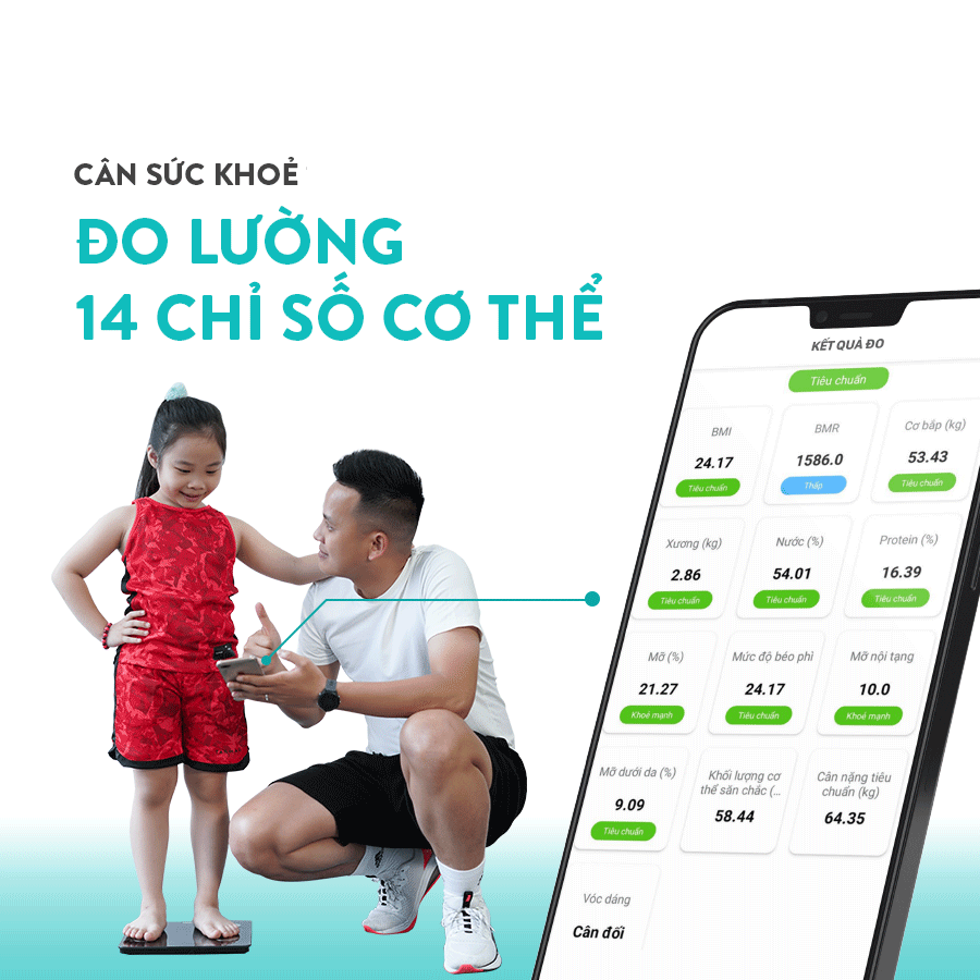 Cân điện tử sức khỏe thông minh mặt kính cường lực, kết nối Bluetooth đo chính xác 14 chỉ số cơ thể, giúp kiểm tra và theo dõi sức khỏe cho cả gia đình